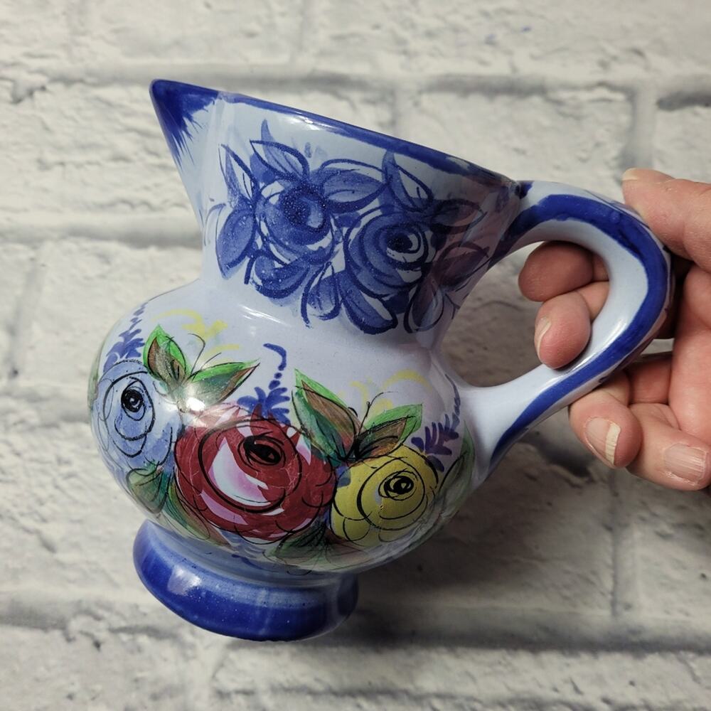 Vestal Alcobaca Signed & Numbered Small Blue Floral Pitcher made in Portugal 5"